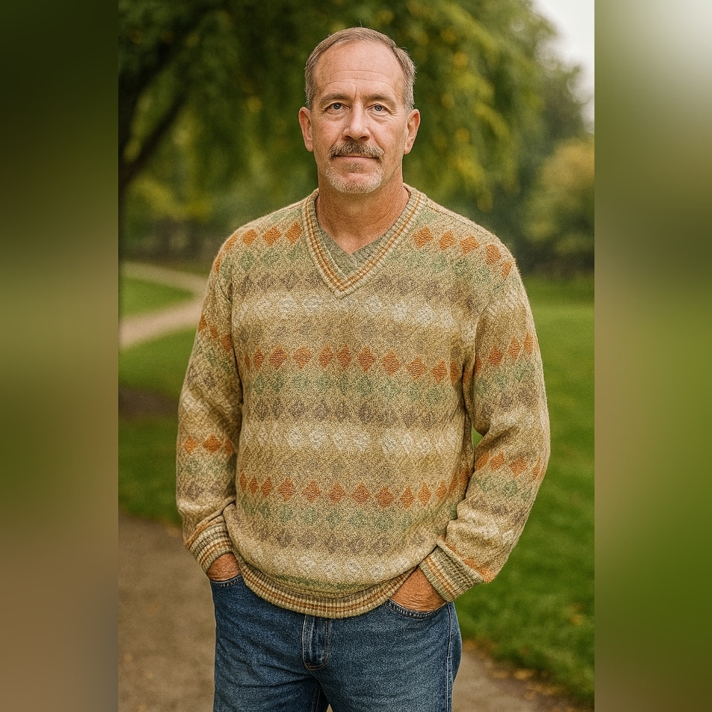 Norm Thompson Electic Grandpa Argyle Knit Vintage XL Sweater  Green Orange Gray